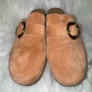 Vince Camuto Tan Suede Mules with Gold Accent